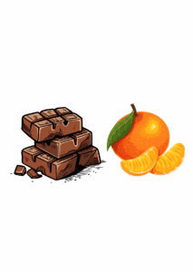 Animation of chocolate pieces with an Orange and orange slices