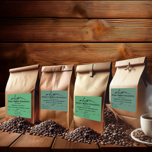 Four coffee bags and four small piles of roasted coffee beans and a coffee cup on a wooden table