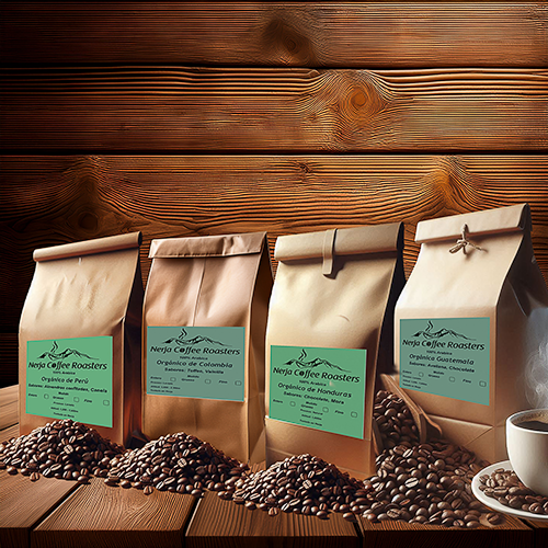 Four coffee bags and four small piles of roasted coffee beans and a coffee cup on a wooden table