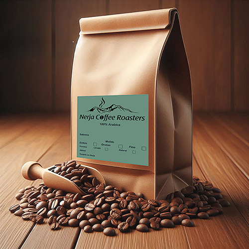 coffee bag with coffee beans and a wooden ladle at its base